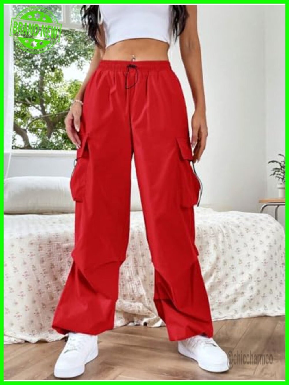 Baggy Loose Cargo Pants Drawstring Waist Joggers Long Trousers - Picture 3 of 7